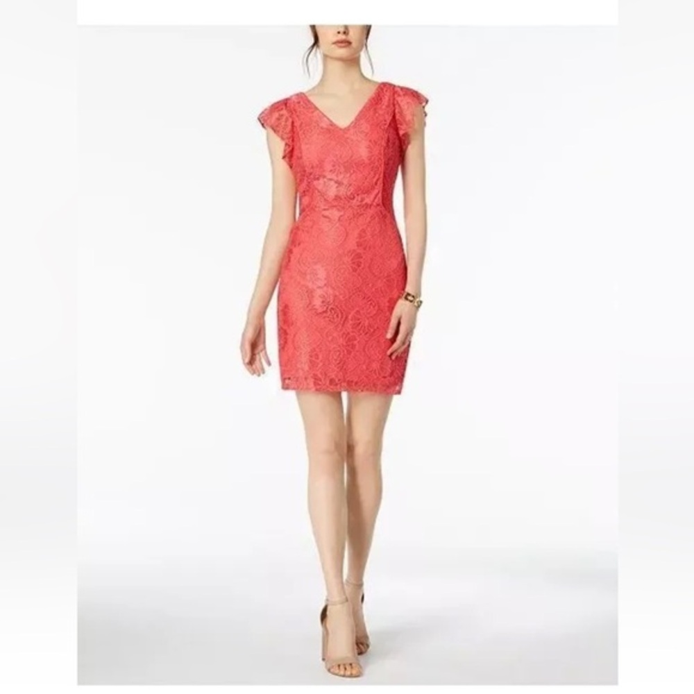 Kensie Coral Pink Lace Overlay, Flutter Sleeve Dress NWT Sz 4 Ret $388